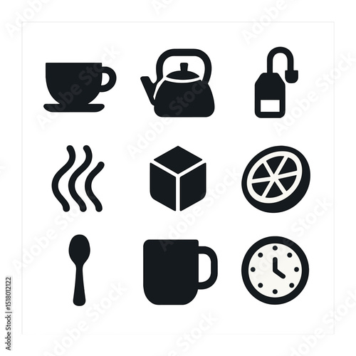 Tea Ritual Icon Set. Solid, filled icons set of workday tea rituals: teacup icon, kettle icon, tea bag, steam