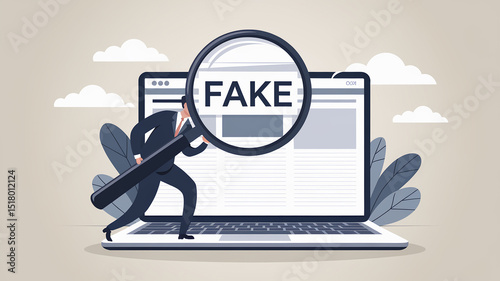 Businessman uses magnifying glass to detect fake news on laptop screen, symbolizing fact-checking and online verification