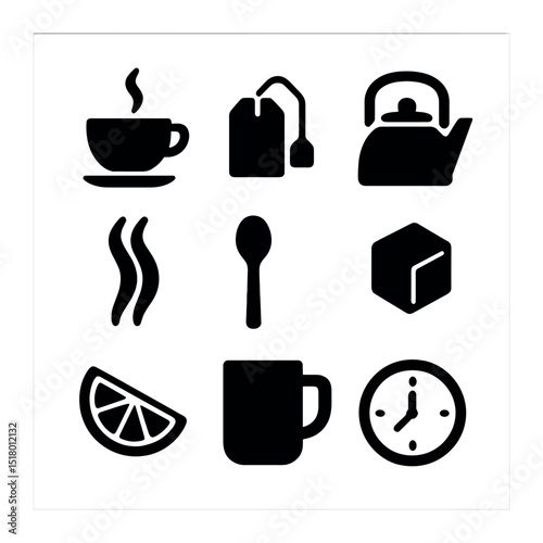 Mindful Tea Icons. Solid, filled icons set of mindful tea time at work: teacup icon, tea bag, kettle icon,