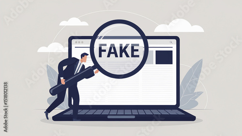 Businessman uses magnifying glass to detect fake news on laptop screen, symbolizing fact-checking and online verification
