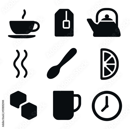 Office Tea Icon Set. Solid, filled icons set of office tea brewing moments: teacup icon, tea bag, kettle icon,