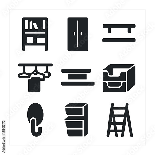 Home Storage Icons. Solid, filled icons set of home organization and vertical storage: bookshelf icon, tall