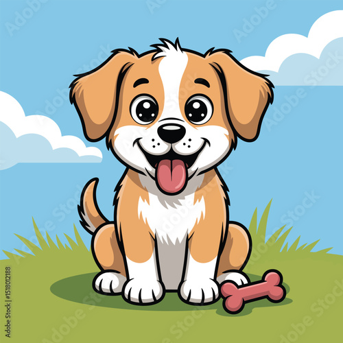 Cheerful cartoon puppy sitting on grass next to a bone cute smiling dog illustration perfect for children's books and pet related projects