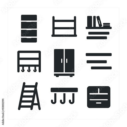 Innovative Storage Icons. Solid, filled icons set of innovative vertical storage systems: vertical bins, wall