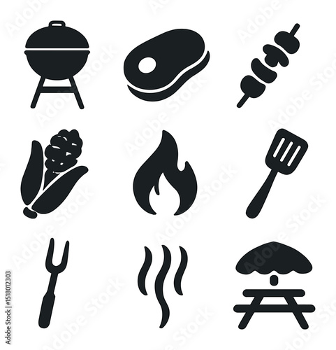 Outdoor Cookout Icons. Solid, filled icons set of outdoor cookout essentials: grill icon, steak icon, veggie
