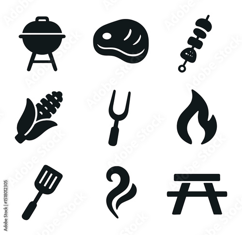 Barbecue Feast Icons. Solid, filled icons set of meat and vegetable barbecue feast: grill icon, steak icon,