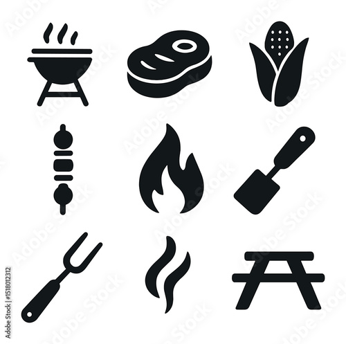Classic BBQ Icon Set. Solid, filled icons set of classic barbecue scenes: grill icon, steak icon, corn on cob,