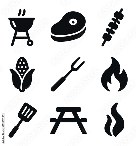 Outdoor Cooking Icons. Solid, filled icons set of outdoor meal preparation: grill icon, steak icon, veggie