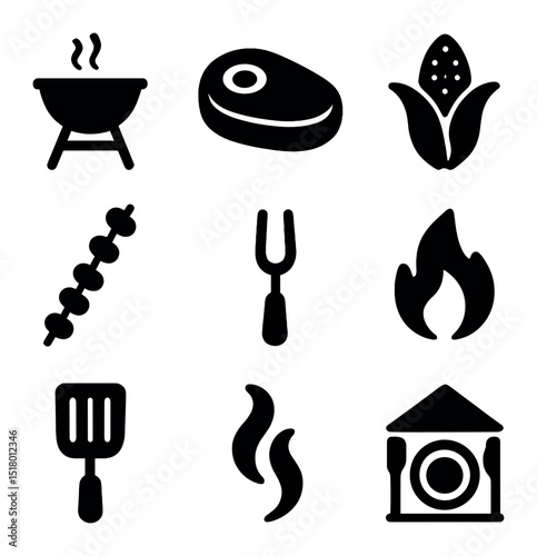 Grill and Picnic Icons. Solid, filled icons set of family cookout and grilling: grill icon, steak icon, corn