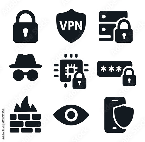 Digital Privacy Icons. Solid, filled icons set of digital privacy protection tools: padlock icon, VPN shield,