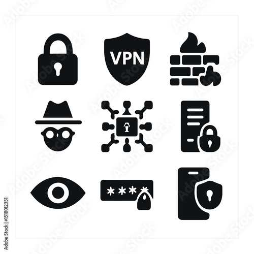 Internet Security Icons. Solid, filled icons set of internet privacy and security: padlock icon, VPN shield,