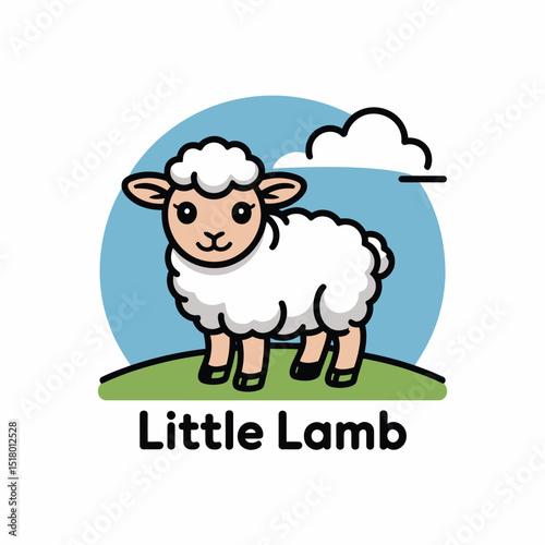 Cute cartoon little lamb with white wool standing on green grass against a blue sky and white cloud in a playful style for kids