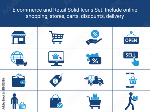 E-commerce Icons Set. Online Shopping Icon. Include online shopping, stores, carts, discounts, delivery, mobile commerce etc. flat, solid icons vector illustration, shopping icons