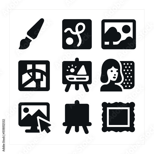 Artistic Icons Grid. Solid, filled icons set of artistic movements and genres: paintbrush icon, abstract art,