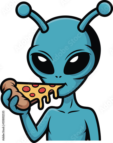 Alien relishing a slice of pizza