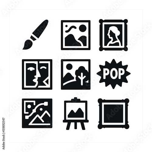 Art Style Icons. Solid, filled icons set of modern and classic art styles: paintbrush icon, abstract art,