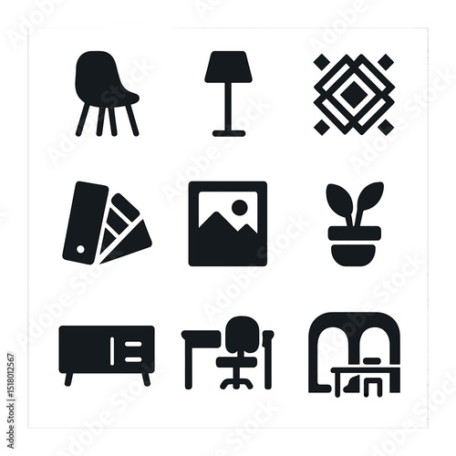 Stylish Interior Icon Set. Solid, filled icons set of stylish interior updates: modern chair, floor lamp,