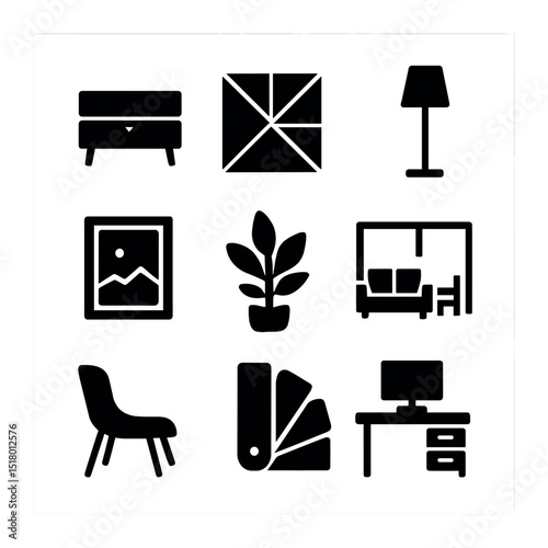 Modern Interior Icon Set. Solid, filled icons set of modern interior design trends for homes and offices: