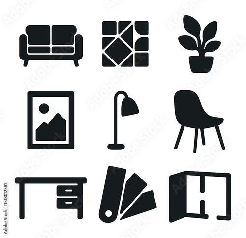 Modern Design Icons. Solid, filled icons set of current design aesthetics: minimalist furniture, geometric