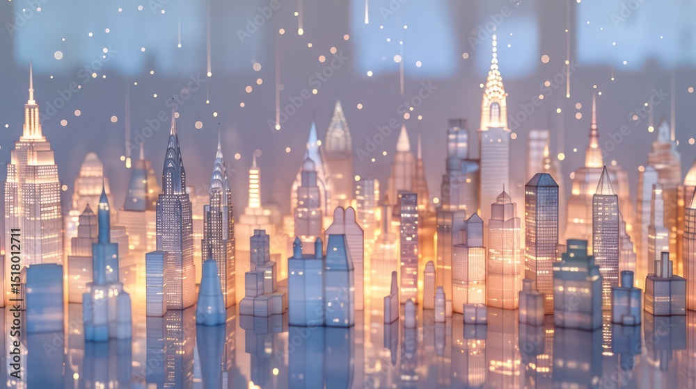 Fototapeta premium Midtown New York skyline with glowing spires and reflections beneath a starlit night sky.