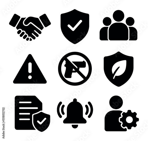 Safe Workplace Icons. Solid, filled icons set of promoting a safe workplace culture: handshake icon, security