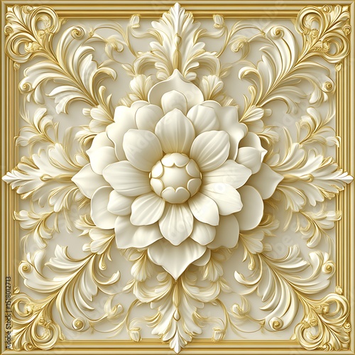 Ornate floral relief design in gold and cream.  Intricate carvings create a 3D effect, showcasing a central flower surrounded by detailed scrollwork