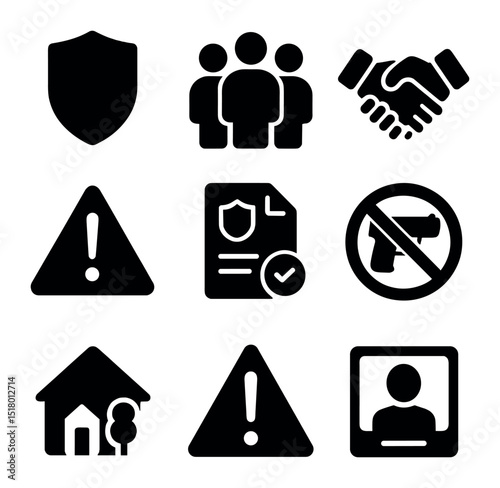 Workplace Safety Icons. Solid, filled icons set of workplace violence prevention: security shield, team icon,