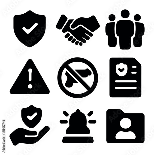 Safe Workplace Icons. Solid, filled icons set of safe working environment measures: security shield, handshake