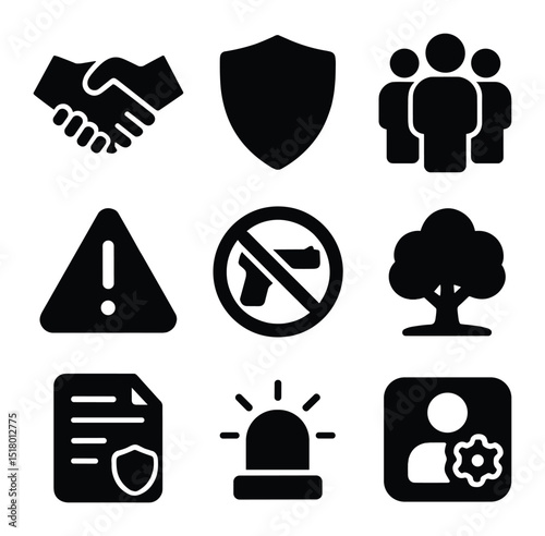 Workplace Safety Icons. Solid, filled icons set of workplace harmony and safety: handshake icon, security