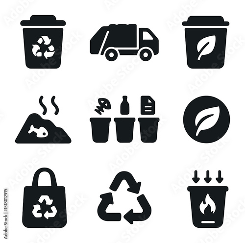 Eco Waste Icons. Solid, filled icons set of eco-friendly waste solutions: recycling bin, garbage truck,