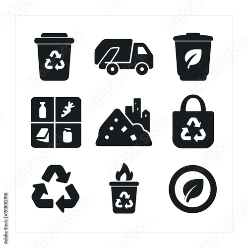 Sustainable Waste Icons. Solid, filled icons set of sustainable waste management in cities: recycling bin,