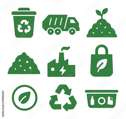 Green Waste Management Icons. Solid, filled icons set of green waste management solutions: recycling bin,