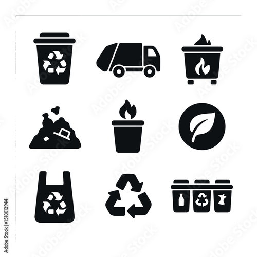 Urban Recycling Icons. Solid, filled icons set of urban recycling and composting: recycling bin, garbage truck