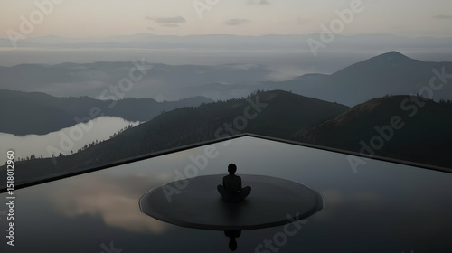 Serene Figure Meditates Over Water Pool With Mountain Views