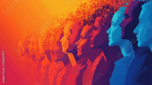 Abstract digital art of a row of colorful human faces transitioning into pixels.
