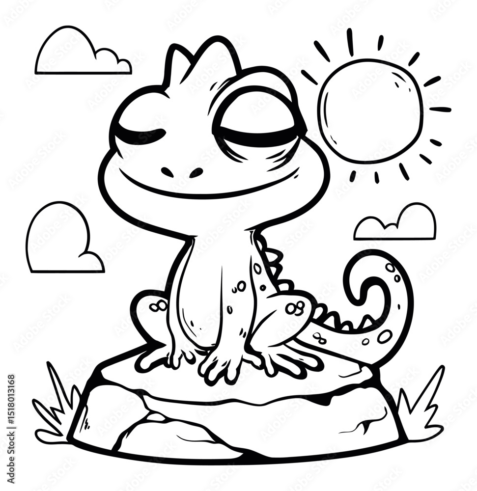 Obraz premium Cute Cartoon Lizard Sitting on Rock in Sun with Clouds and Grass Background