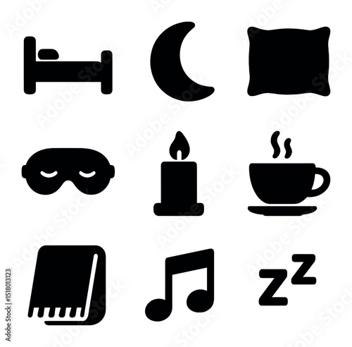 Nighttime Relaxation Icons. Solid, filled icons set of night relaxation essentials: bed icon, moon icon,