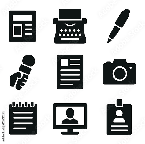 Journalism Icons Grid. Solid, filled icons set of journalistic writing: newspaper icon, typewriter, pen icon,