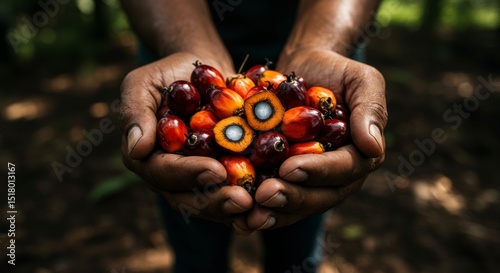 Man hands holding fresh palm oil fruit harvested from a tropical plantation