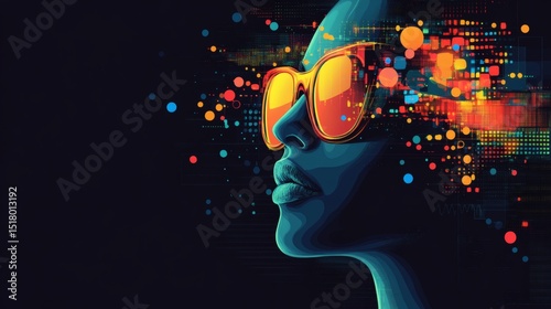 Abstract digital art of a woman's face with sunglasses, surrounded by colorful data streams.