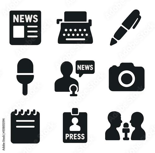Media Icons Grid. Solid, filled icons set of reporting and media work: newspaper icon, typewriter, pen icon,