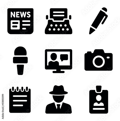 Journalism Icons Grid. Solid, filled icons set of journalism practices: newspaper icon, typewriter, pen icon,