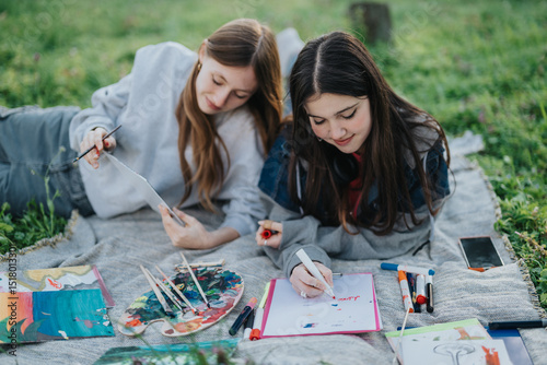 Foto Two teenage girls enjoying creativity together, lying on a blanket in a picturesque outdoor setting, surrounded by art materials and exploring artistic expression