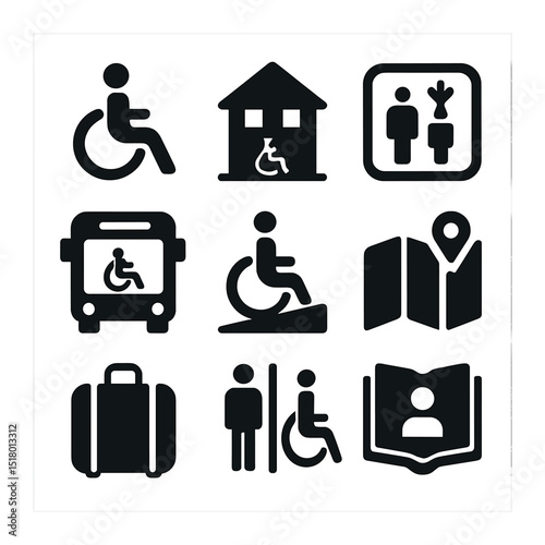 Traveler Accessibility Icons. Solid, filled icons set of traveler-friendly accessibility: wheelchair icon,