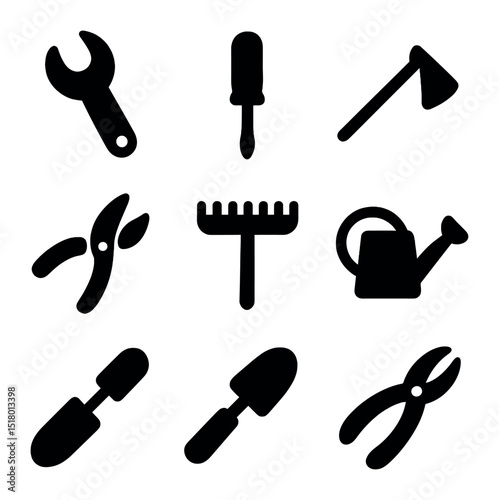 Garden Tools Icon Set. Solid, filled icons set of maintaining garden tools: wrench icon, screwdriver icon,