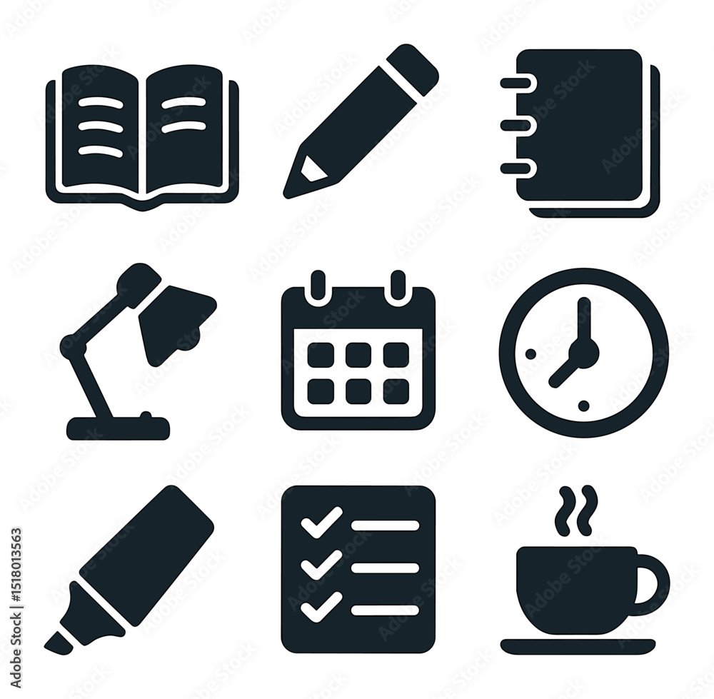 Study Icons Grid. Solid, filled icons set of students preparing for exams with study guides: open book icon,