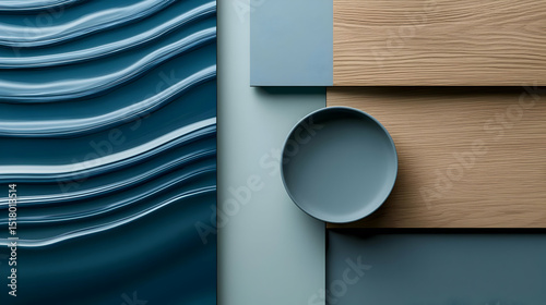 Abstract Modern Design Display With Teal Blue And Light Wood