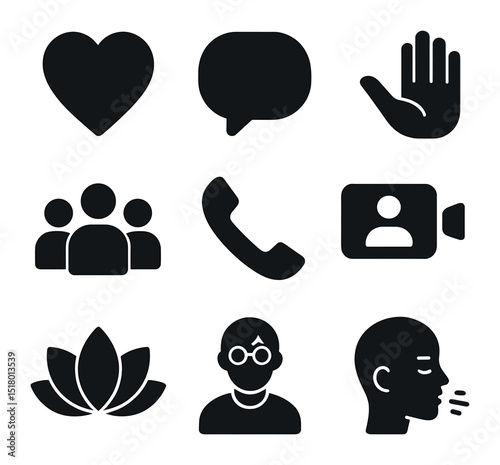 Emotional Care Icons. Solid, filled icons set of emotional care networks: heart icon, talk bubble, helping