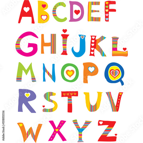 ABC. vector flower font. Alphabet design in a colorful style. Decorative letters with hearts.  Love alphabet vector Illustration. 