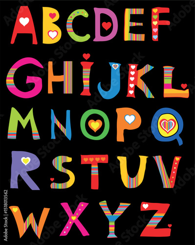 ABC. vector flower font. Alphabet design in a colorful style. Decorative letters with hearts.  Love alphabet vector Illustration. 